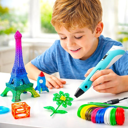 Dečak crta cvet 3D olovkom pored 3D figura