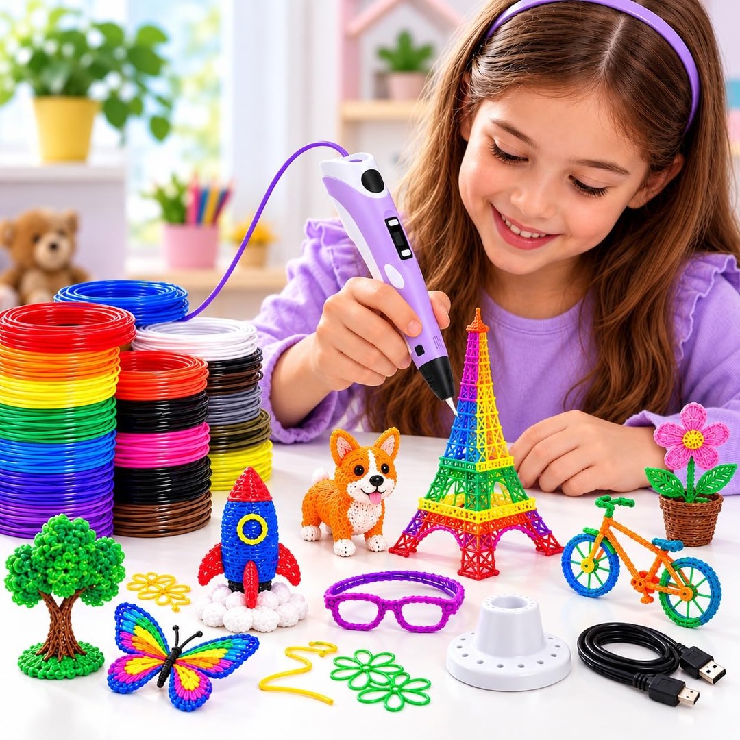 Devojčica pravi 3D figure olovkom – raketa, kuca, Ajfelova kula, naočare