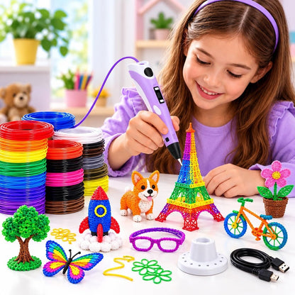 Devojčica pravi 3D figure olovkom – raketa, kuca, Ajfelova kula, naočare