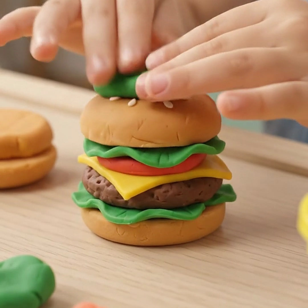 Hamburger od plastelina – kifla, meso, sir i salata, napravio ga je dete
