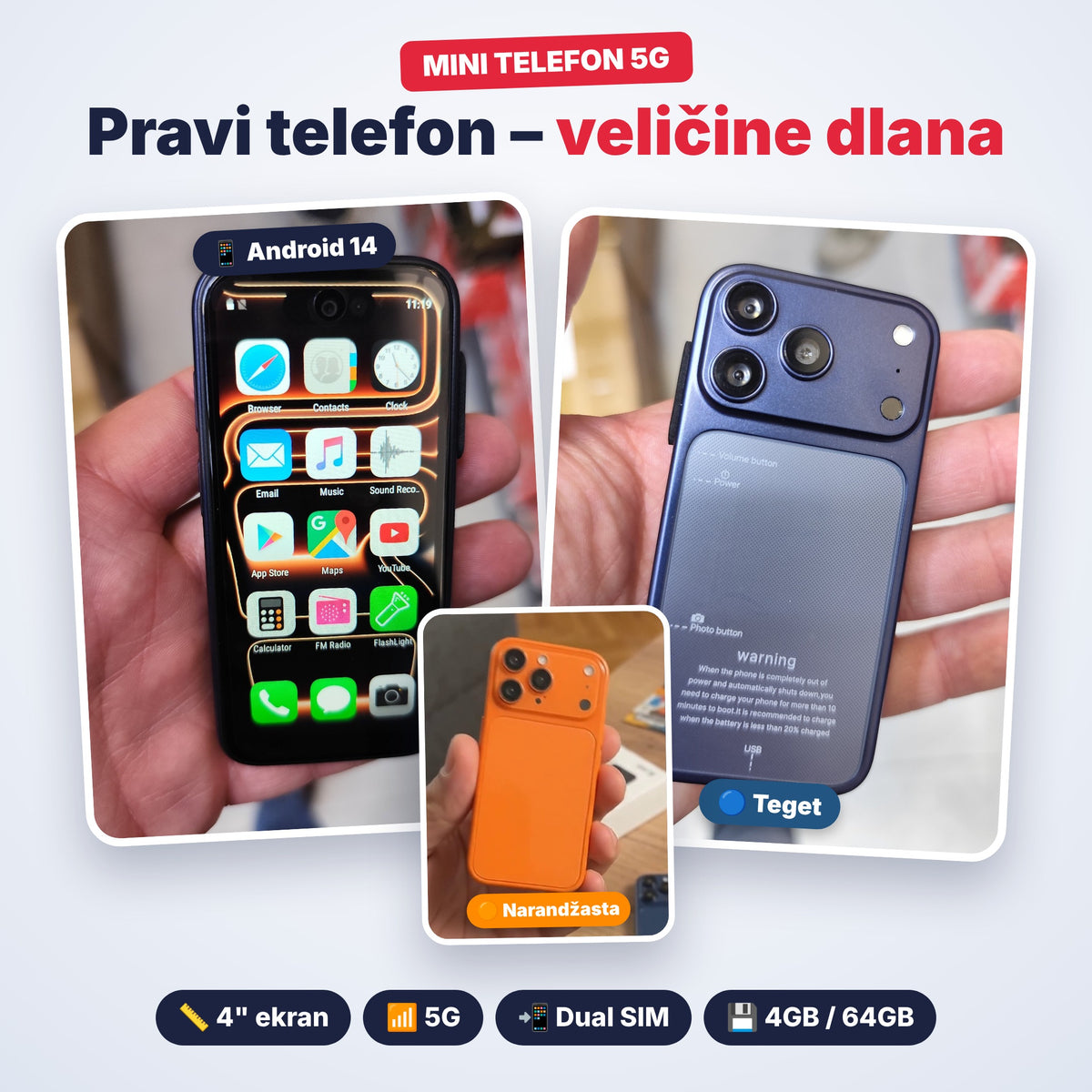 Mini telefon 17Pro 5G u dlanu – ekran sa aplikacijama, teget i narandžasta boja