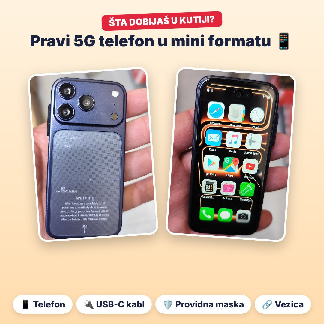 Šta dobijaš u kutiji – mini telefon, USB-C kabl, providna maska i vezica