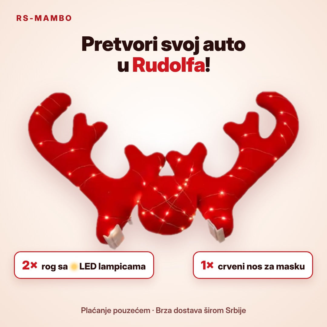 Novogodišnja dekoracija za auto – plišani irvasovi rogovi i crveni nos