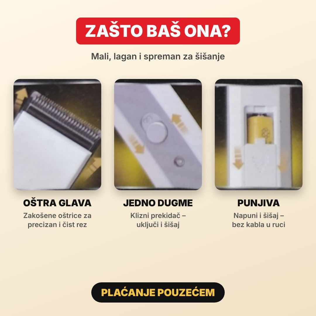 Prednosti mašinice za šišanje Rozia – oštra glava, jedno dugme, punjiva baterija