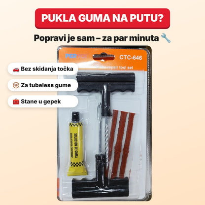 Set za popravku tubeless gume – T-rašpa, T-igla, 3 trake i lepak