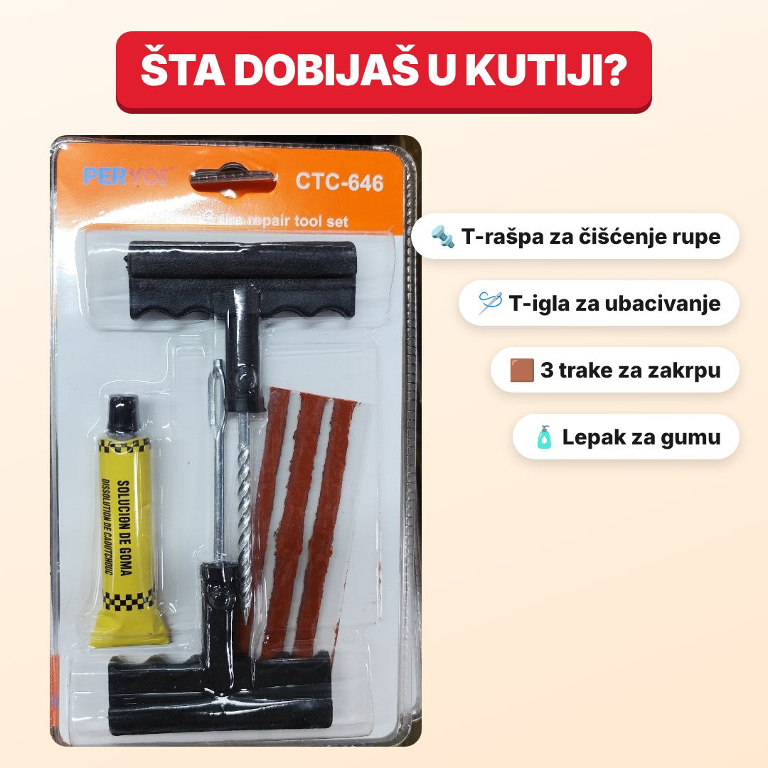 Šta dobijaš u setu za popravku gume – rašpa, igla, 3 trake za zakrpu i lepak