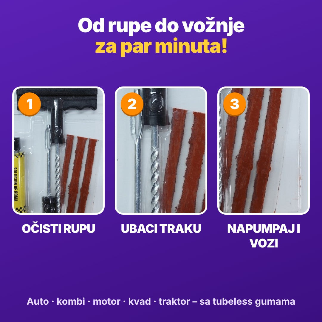 Popravka bušne gume u 3 koraka – očisti rupu, ubaci traku, napumpaj i vozi