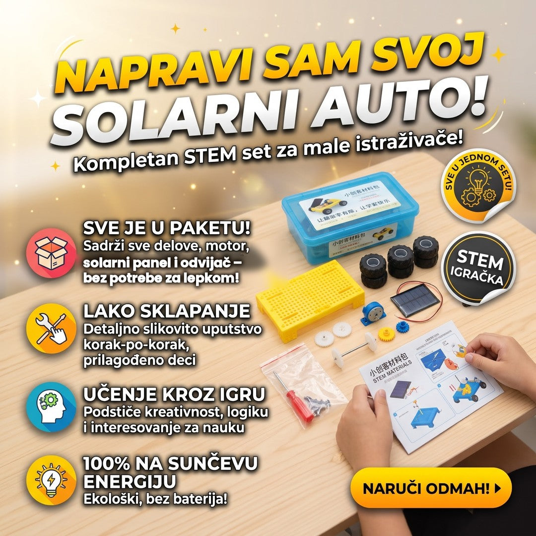 Sadržaj kutije STEM seta solarni auto – šasija, točkovi, motor, solarni panel i uputstvo