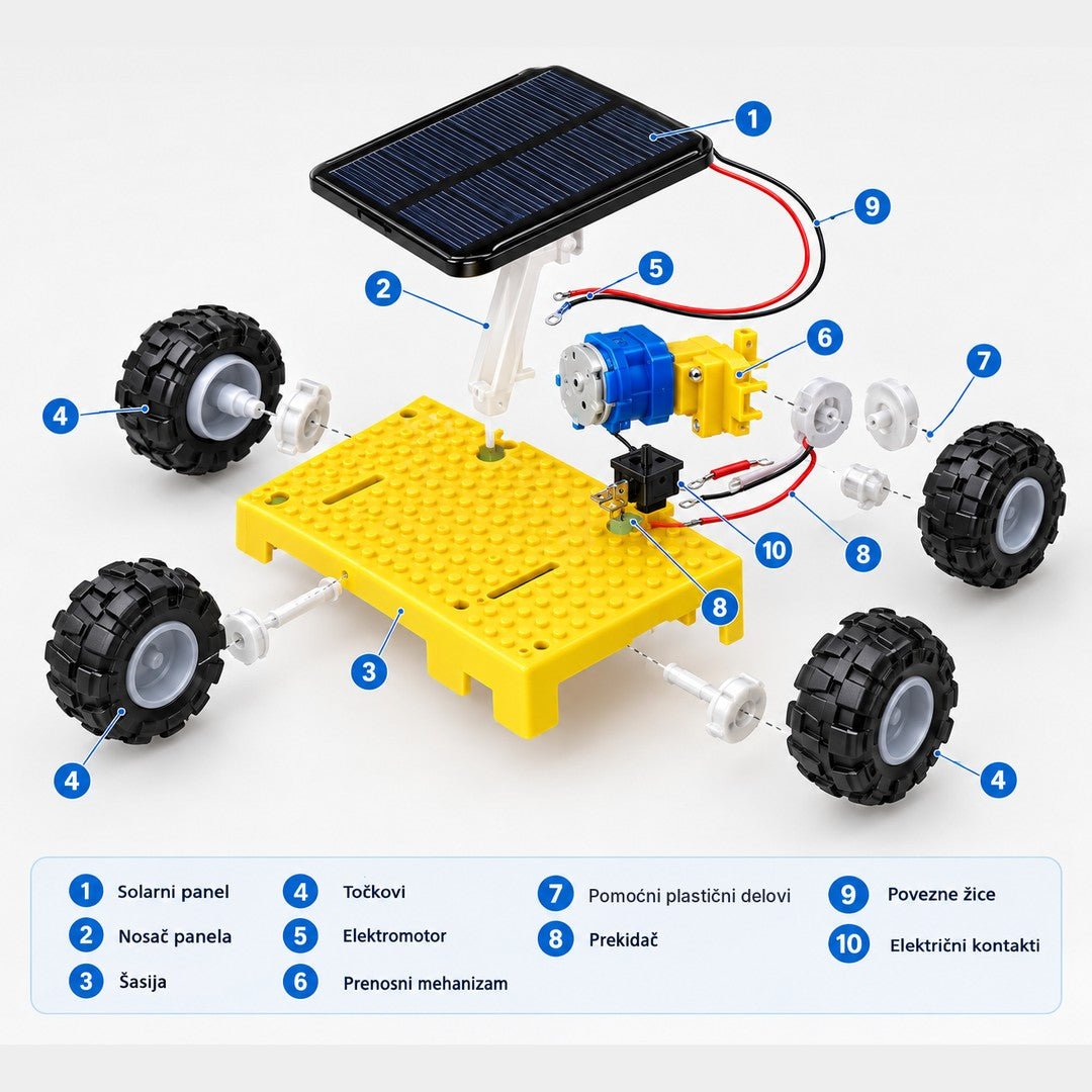 Šema delova solarnog auta za sklapanje – panel, motor, prenosni mehanizam i točkovi